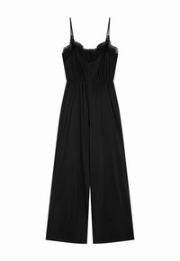 Sort jumpsuit med blonder langs bysten, justerbare spaghettistropper og vid bukseben. Laget av lett stoff og har plissédetaljer.