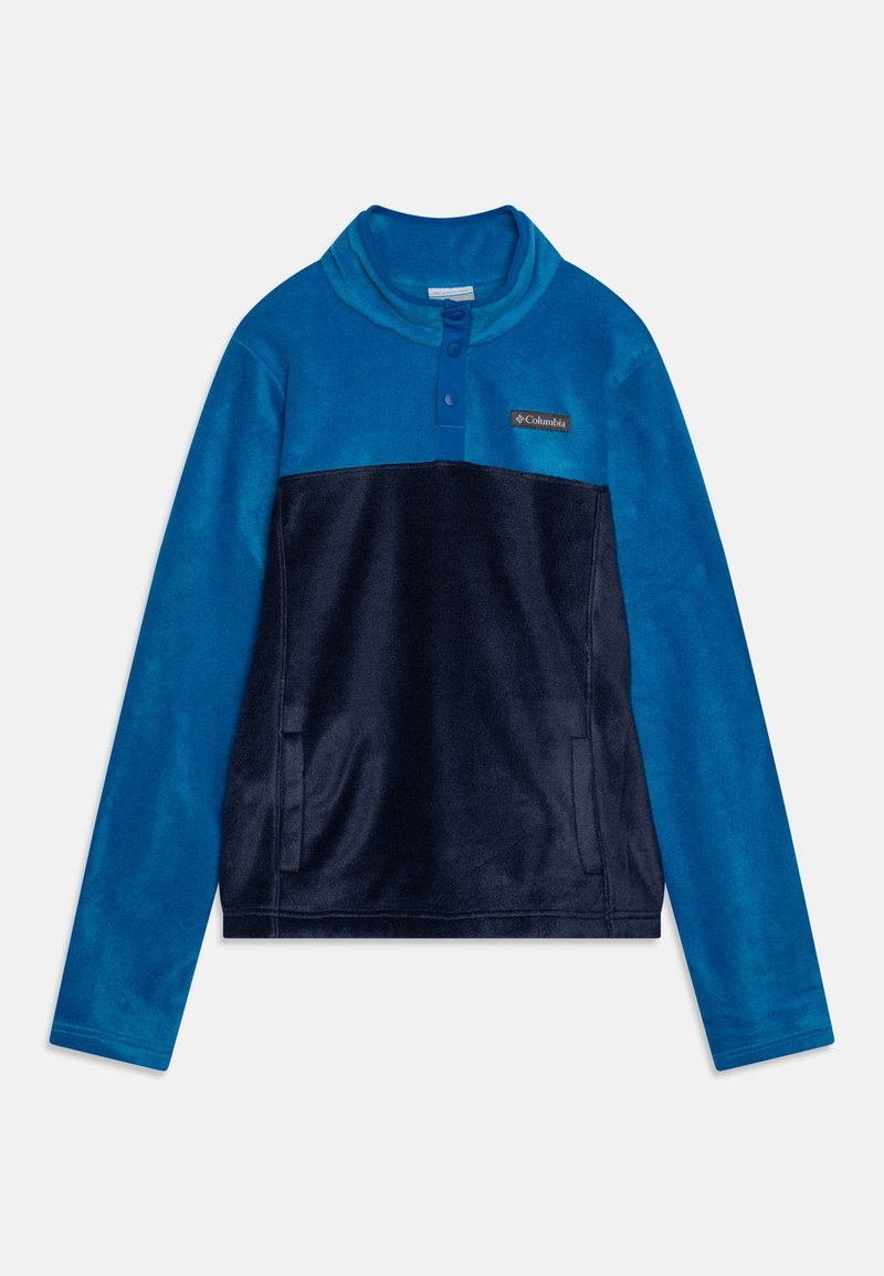 Fleece-Pullover mit Kragen, in einem zweifarbigen Design aus Blau und Dunkelblau. Verfügt über eineknopfgeschlossene Blende und seitliche Taschen.