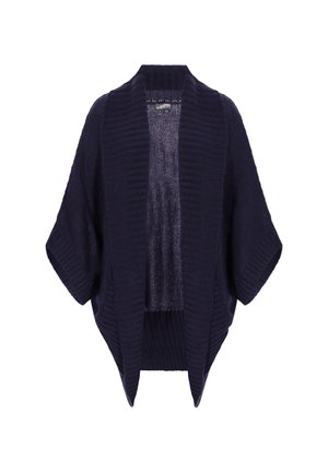 Marineblå strikket cardigan med åben front, brede ærmer og ribbet tekstur. Har et gennemsigtigt panel på midten af ryggen.