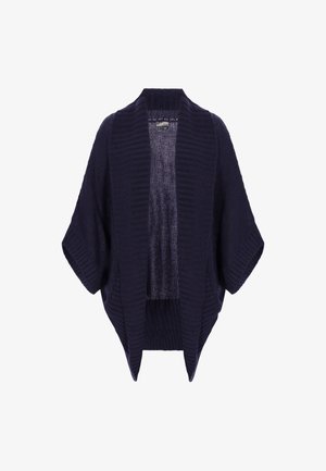 Granatowy sweter kardigan z otwartym przodem, szerokimi rękawami i prążkowaną fakturą. Posiada przezroczysty panel na środku pleców.