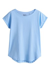 Light blue short-sleeve T-shirt with a round neckline and slightly curved hem, displayed on a white background.