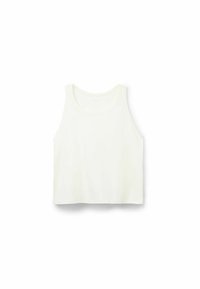 Camiseta de algodón blanca sin mangas con un escote redondo y un dobladillo recto. La tela parece suave y ligera.