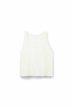 Camiseta de algodón blanca sin mangas con un escote redondo y un dobladillo recto. La tela parece suave y ligera.