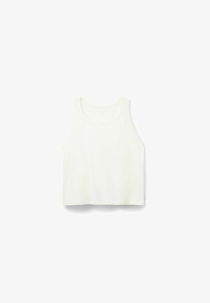 Witte katoenen tanktop met ronde hals, mouwloos ontwerp en rechte zoom. De stof lijkt zacht en lichtgewicht.