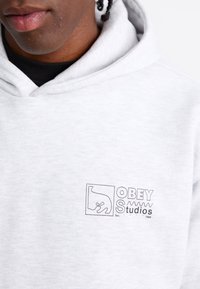 Light gray hoodie with a drawstring. Features a black graphic logo on the chest, displaying stylized text and a simple line drawing.