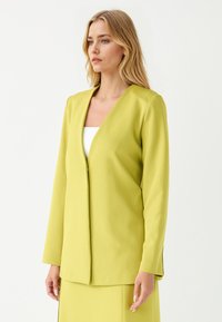 Limoengroene blazer met een v-hals, lange mouwen en een rechte pasvorm. Gemaakt van glad materiaal met minimale stikseldetails.