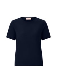 T-shirt à manches courtes bleu marine en tissu lisse. Doté d'un col rond et d'une coupe décontractée, avec une texture légèrement côtelée.