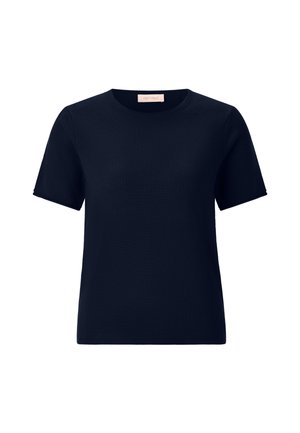 T-shirt blu navy a maniche corte realizzata in tessuto morbido. Presenta un collo rotondo e una vestibilità rilassata, con una sottile texture a coste.