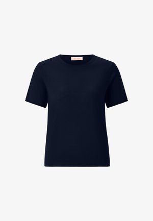 T-shirt blu navy a maniche corte realizzata in tessuto morbido. Presenta un collo rotondo e una vestibilità rilassata, con una sottile texture a coste.