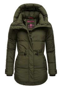 Manteau d'hiver matelassé vert olive avec capuche, fermeture éclair et boutons, cordons de taille ajustables et poches avant.