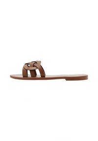 Brown flat sandals made of synthetic material featuring a braided strap design and a smooth, flat sole. No heel, minimalist aesthetic.