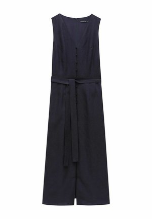 Marineblaues ärmelloses Kleid mit V-Ausschnitt, Vorderknöpfen und einem Stoffband in der Taille. Aus strukturiertem Material und mit einem langen, fließenden Design.