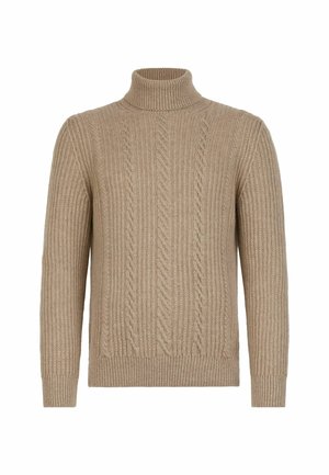Beige kabelstrikket sweater med høj turtleneck, med ribbede manchetter og kant, strukturmønster i hele stoffet.