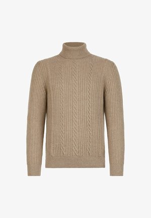 Beige kabelstickad tröja med hög polokrage, med ribbade ärmslut och nederkant, med ett strukturerat mönster genom hela tyget.