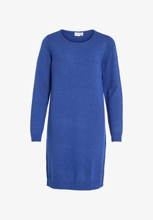 Vestido de manga larga y cuello redondo, hecho de suave tejido de punto azul. Puños y dobladillo acanalados. Textura lisa sin patrones ni acentos visibles.