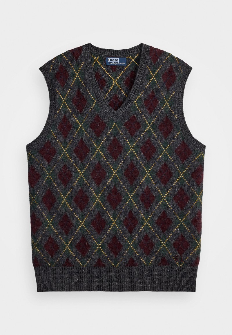 Dark gray sleeveless knit sweater vest with burgundy and green argyle diamond pattern and yellow stitched lines, V-neck collar.