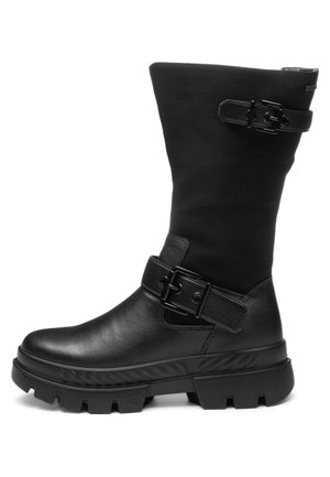 Black mid-calf boot with chunky lug sole, two adjustable buckle straps, smooth leather lower, and fabric upper shaft.