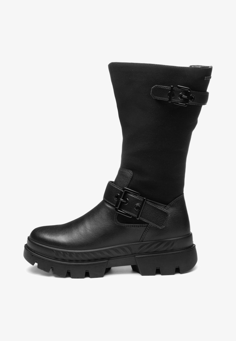 Schwarzer Stiefel bis zur Mitte der Wade mit klobiger Profilsohle, zwei verstellbaren Schnallenriemen, glattem Leder am unteren Teil und Stoff am oberen Schaft.