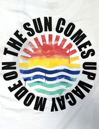 White T-shirt featuring circular graphic with a sun in orange, yellow, and red over blue waves, with bold black text around the design.