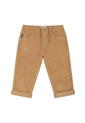Børnestørrelse lysebrune corduroy bukser med foldede manchetter, forlommer, bæltestropper og knaplukning.