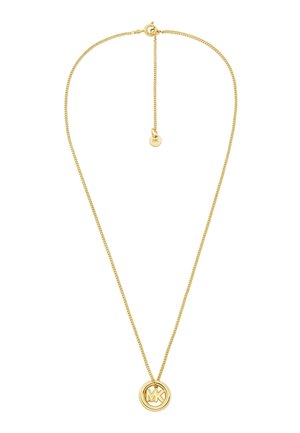 Gouden ketting met een ronde hanger met een reliëf van "MK", delicate ketting met verstelbare lengte en een eenvoudig slotontwerp.