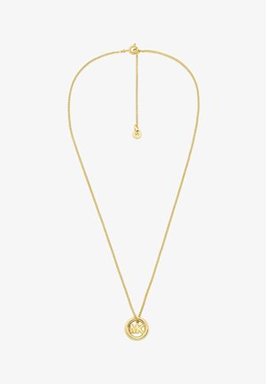 Gouden ketting met een ronde hanger met een reliëf van "MK", delicate ketting met verstelbare lengte en een eenvoudig slotontwerp.