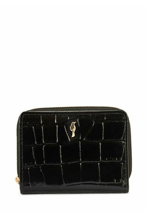 Czarny portfel z lakierowanej skóry o fakturze krokodyla, z suwakiem i subtelnym złotym akcentem logo z przodu.