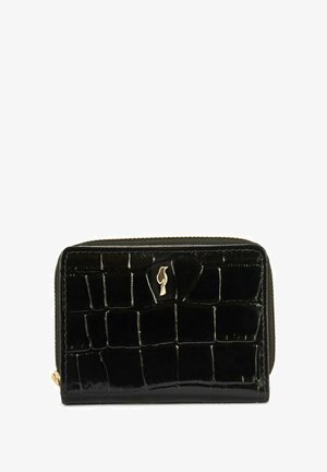 Czarny portfel z lakierowanej skóry o fakturze krokodyla, z suwakiem i subtelnym złotym akcentem logo z przodu.