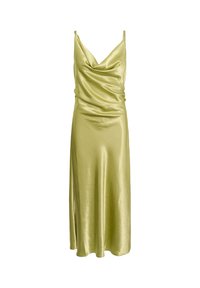Robe midi en satin vert clair avec fines bretelles et encolure drapée en capuche, fluide jusqu'à l'ourlet.