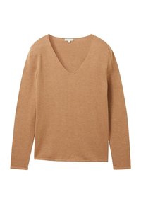 Langärmeliger Pullover mit V-Ausschnitt in einem hellbraunen Farbton. Hergestellt aus weichem, strukturiertem Stoff mit lockerer Passform sowie gerippten Bündchen und Saum.