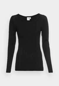 Pulover negru cu mânecă lungă și guler rotund, confecționat dintr-un material fin și ușor. Design minimalist, fără modele sau accesorii notabile.