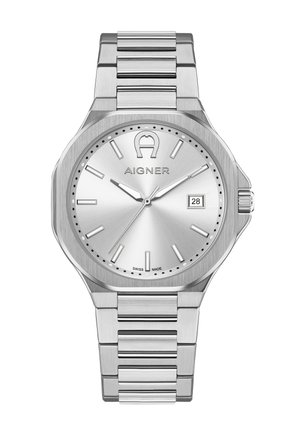 Silberne Aigner-Armbanduhr aus Edelstahl mit rundem Zifferblatt, minimalistischen Stundenmarkierungen, Datumsanzeige bei 3 Uhr und drei Zeigern, die 10:10:37 anzeigen.