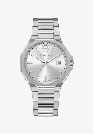 Zilveren Aigner polshorloge van roestvrij staal met een ronde wijzerplaat, minimalistische uurmarkeringen, datumaanduiding op 3 uur en drie wijzers die 10:10:37 aangeven.