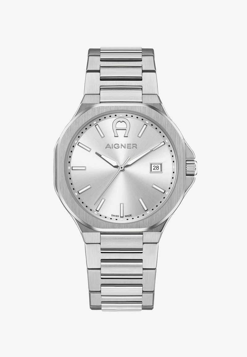 Reloj de pulsera Aigner de acero inoxidable plateado con esfera redonda, marcadores de hora minimalistas, pantalla de fecha a las 3 en punto y tres manecillas que indican las 10:10:37.