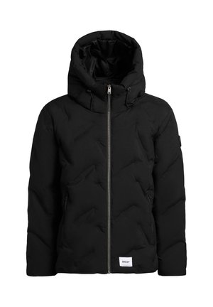Svart vadderad jacka med hög krage och justerbar huva, med en framdragkedja och två sidofickor, tillverkad av ett slätt material.