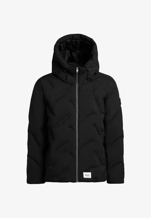 Czarna pikowana kurtka z wysokim kołnierzem i regulowanym kapturem, z przodem na zamek błyskawiczny i dwiema kieszeniami po bokach, wykonana z gładkiego materiału.