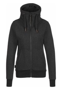 Sudadera con cremallera de color gris oscuro, con un alto cuello, cordones, dos bolsillos frontales, puños y dobladillo acanalados, y un sutil acento de corazón cerca de la cremallera.