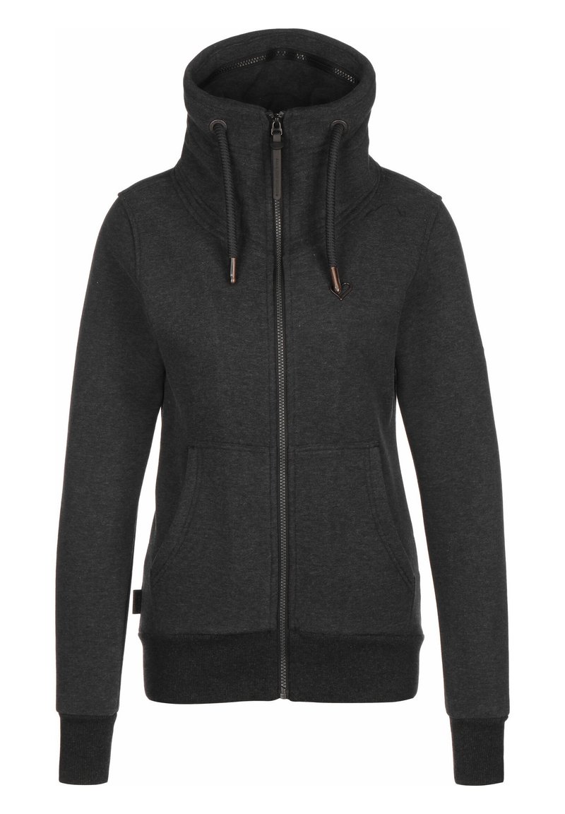 Sudadera con cremallera de color gris oscuro, con un alto cuello, cordones, dos bolsillos frontales, puños y dobladillo acanalados, y un sutil acento de corazón cerca de la cremallera.