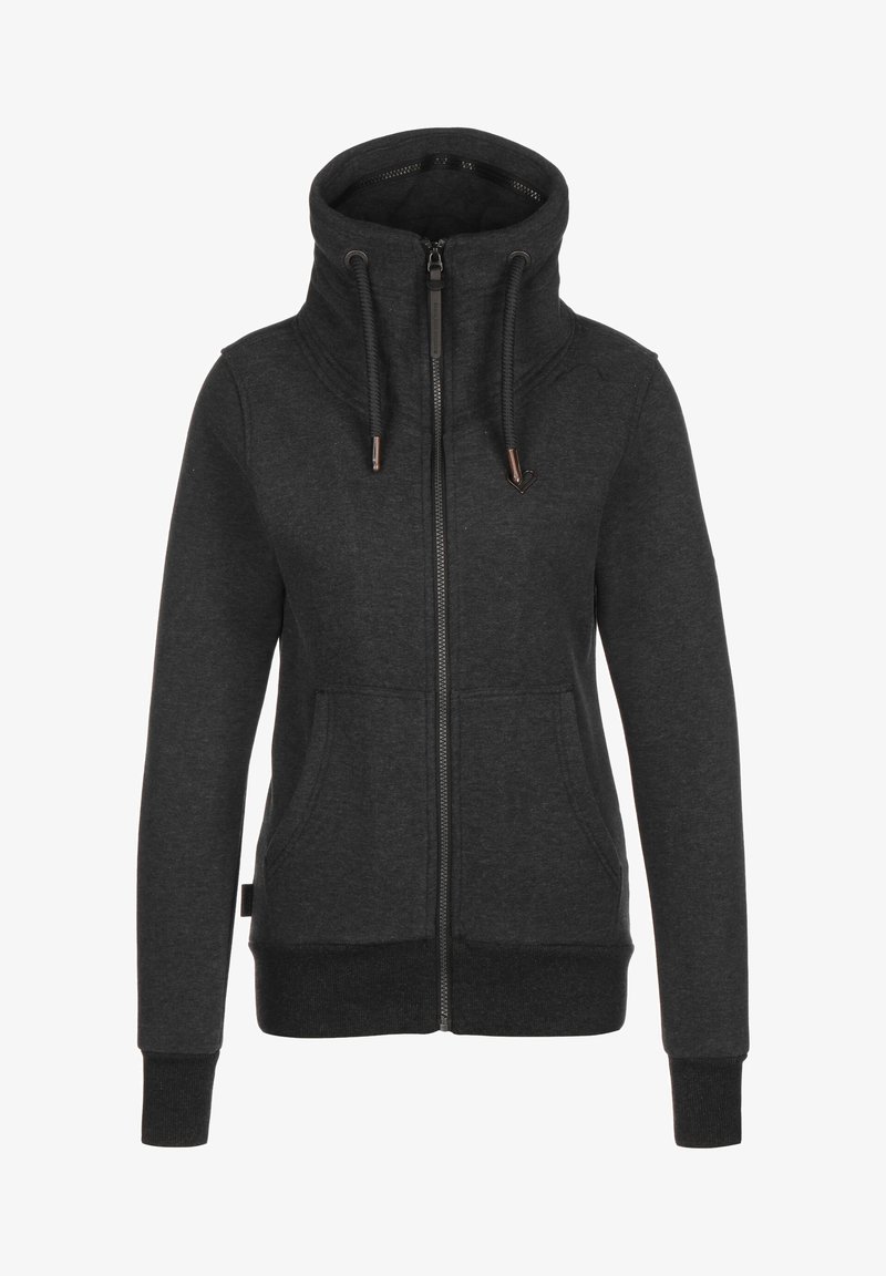 Sudadera con cremallera de color gris oscuro, con un alto cuello, cordones, dos bolsillos frontales, puños y dobladillo acanalados, y un sutil acento de corazón cerca de la cremallera.