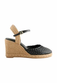 Sandali con zeppa in pelle intrecciata nera, dotati di una piattaforma in juta stile espadrilles, caratterizzati da un sottile cinturino alla caviglia e un design a punta arrotondata.