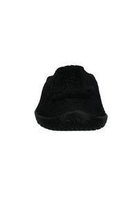 Scarpa slip-on nera in maglia con tomaia tessurizzata e suola in gomma nera flessibile, dotata di un elegante dettaglio a fiocco sulla parte anteriore.