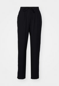 Pantalon noir à coupe décontractée, taille élastique, avec cordon de serrage. Fabriqué en tissu léger, avec jambes droites et sans poches.