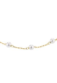 Collana in oro con tre perle bianche lucide, distanziate uniformemente, con una finitura liscia e link delicati.
