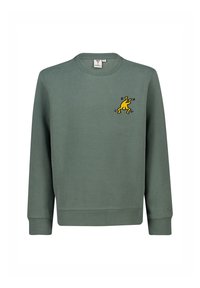 Sudadera verde hecha de una mezcla de algodón, con una figura amarilla bordada en el lado izquierdo del pecho, cuello redondo y puños acanalados.