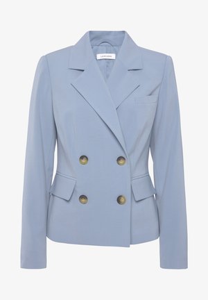 Lichtblauwe dubbelgeknoopte blazer van gladde stof met opstaande revers, twee voorkruiszakken en goudkleurige knopen.
