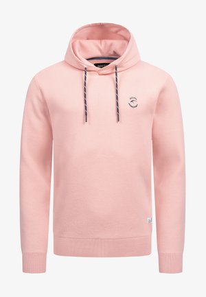 Hoodie in lichtroze, gemaakt van textuurstof. Voorzien van naveltouwtjes in marineblauw en een klein logo op de borst. Ribgebreide onderrand en manchetten.