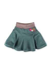 Grüner Baumwollrock mit ausgestelltem Design, gestreiftem elastischem Bund und Blumenstickerei auf der Vorderseite. Weicher Stoff, leichtes Material.