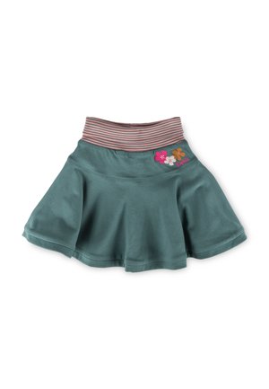 Grüner Baumwollrock mit ausgestelltem Design, gestreiftem elastischem Bund und Blumenstickerei auf der Vorderseite. Weicher Stoff, leichtes Material.
