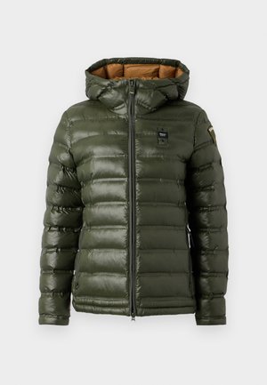 Giacca imbottita verde oliva con finitura lucida, cappuccio rimovibile, zip frontale e logo sul petto. Presenta un motivo a righe orizzontali e tasche laterali.