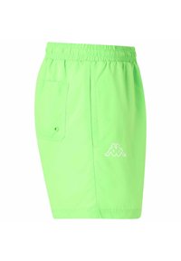 Pantaloni corti di un verde neon realizzati in tessuto leggero. Presentano una vita elasticizzata, tasche laterali e un piccolo logo bianco sulla gamba inferiore.